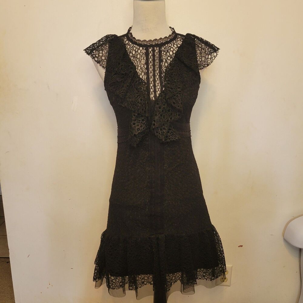 Gianni Bini Black Lace Ruffle Dress Women Size 6 Sheer Overlay Mini Pre-Owned
